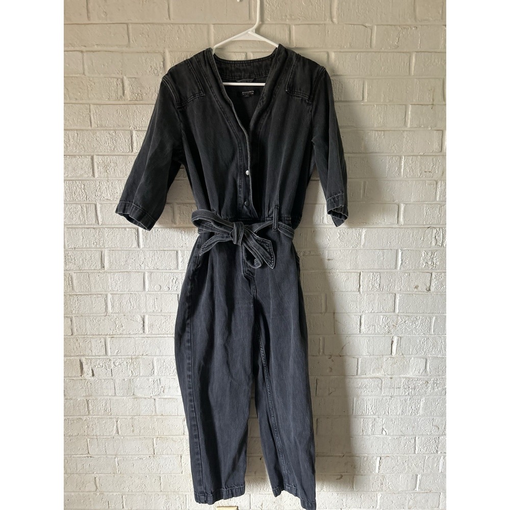 Allsaints Overalls Womens 6 Black  Denim Utility Jumpsuit Belted Crop Grunge
